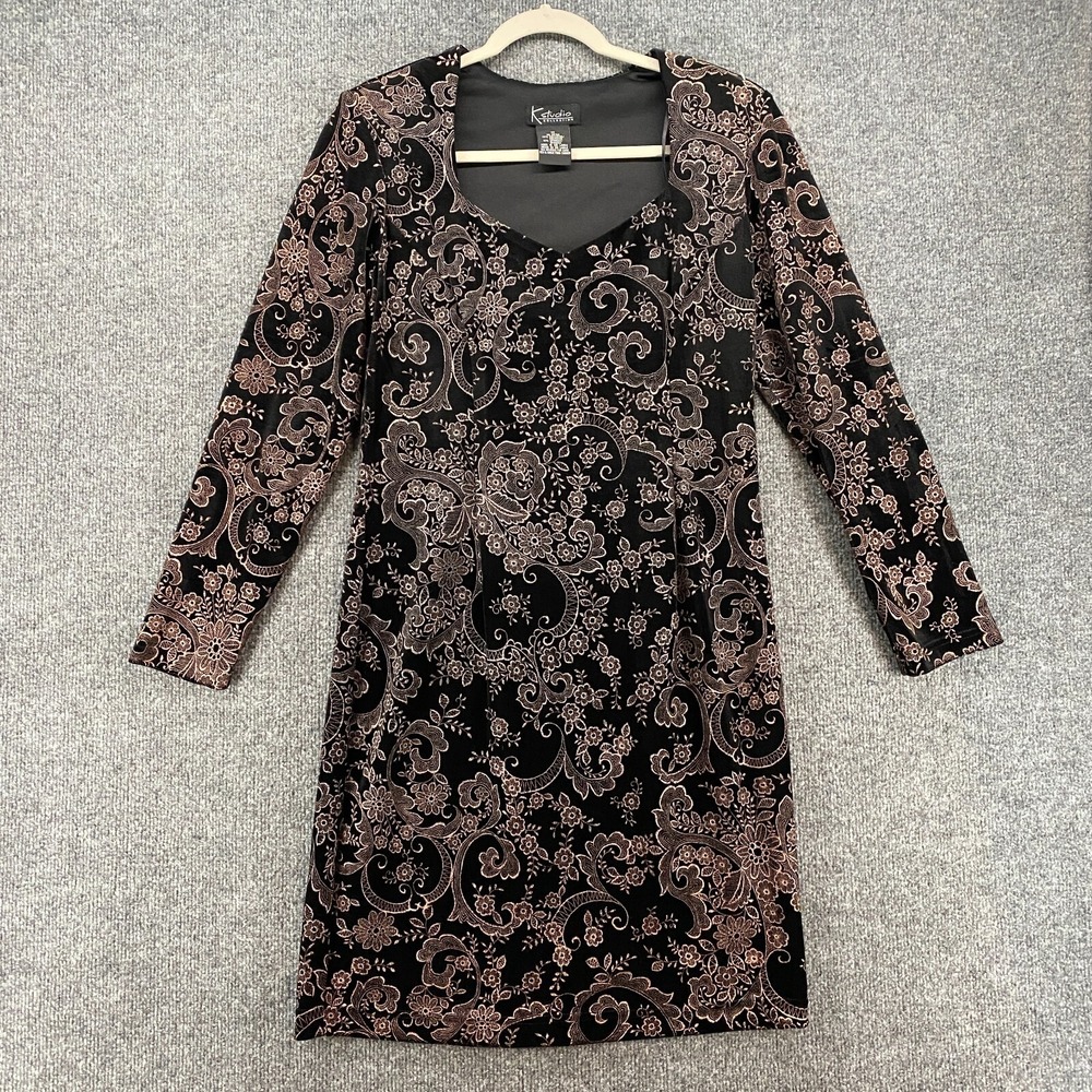 K Studio Dress Womens 10 Black Velvet Floral Gold Sheath 90s Whimsigoth Cocktail